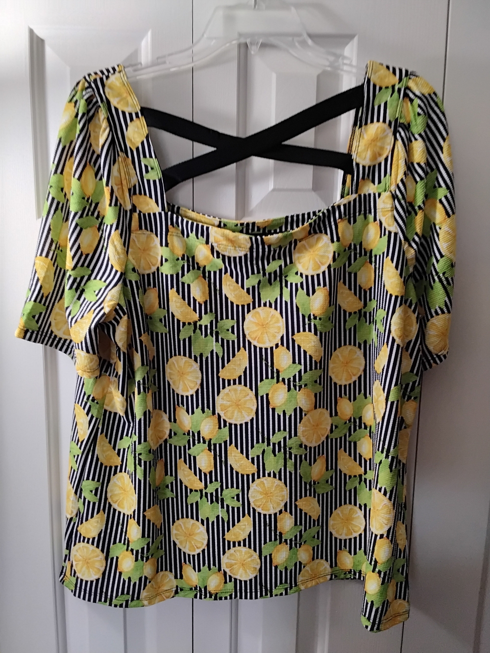 Cato Lemon Print Short Sleeve Top with Black Stripe and Crisscross Back, Multi